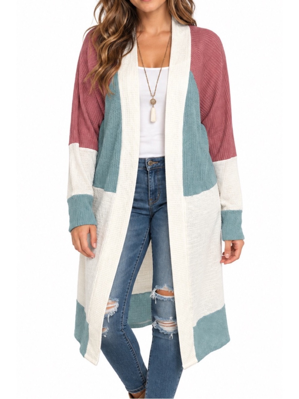 Entro Colorblock Waffle Knit Long Cardigan Shawl- Medium